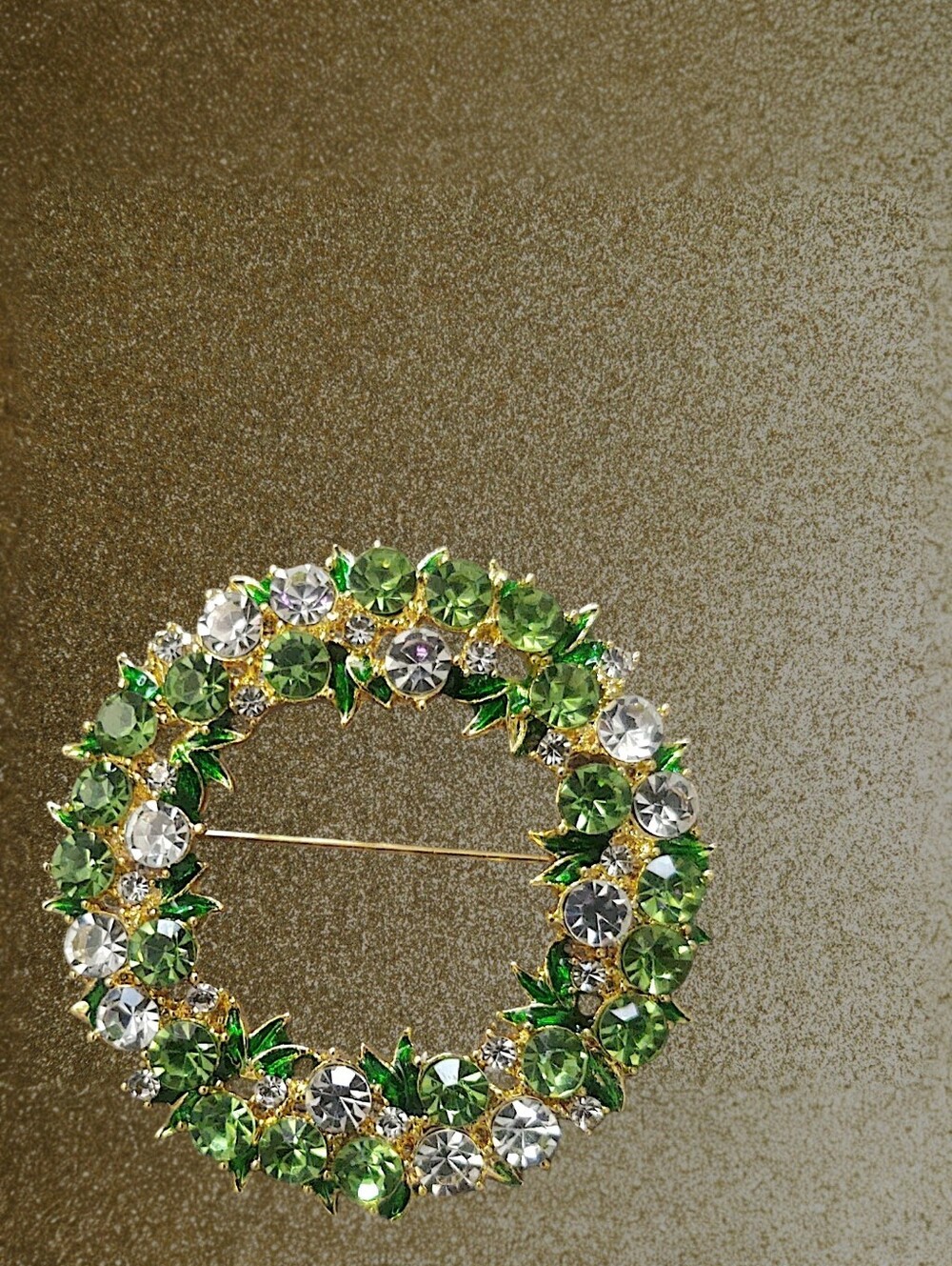 Elegant Green Crystal Wreath Brooch